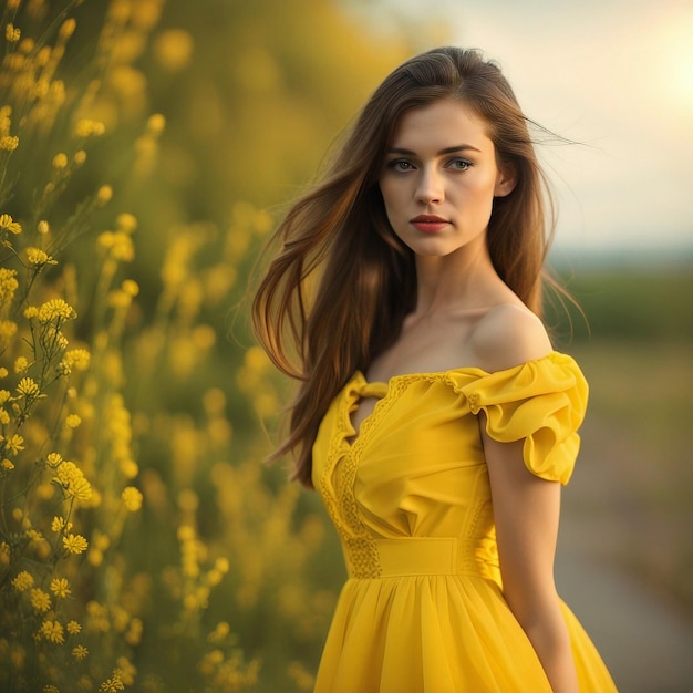 Uma jovem em um vestido amarelo de utensílios de jardim amarelo