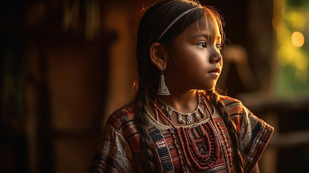 Uma jovem em um vestido tradicional fica na frente de uma luz quente.