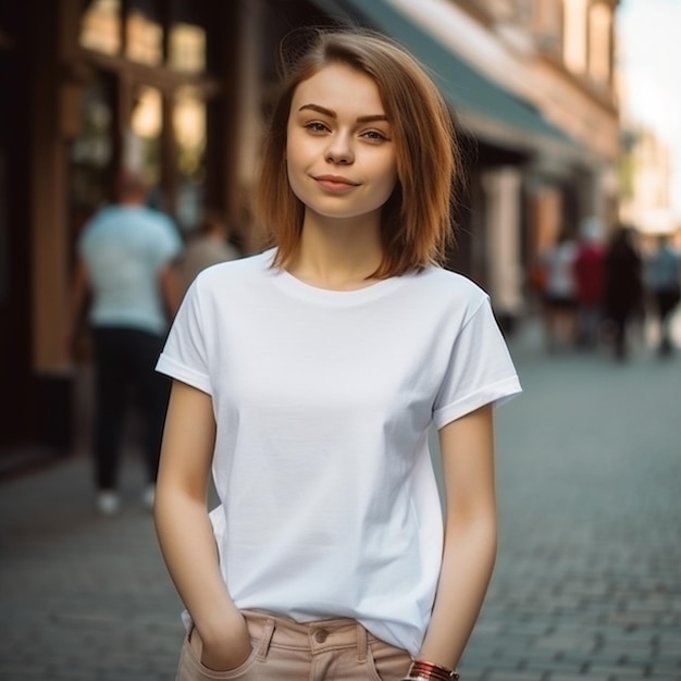 Uma jovem em uma camiseta branca fica em uma rua.