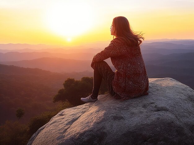 Uma jovem em uma colina sentada em uma pedra no sunris