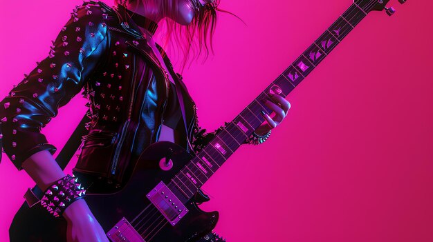 Foto uma jovem em uma jaqueta de couro preto com tacos tocando uma guitarra elétrica em um fundo rosa