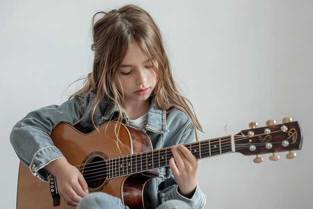 Uma jovem em uma roupa casual surgiu a si mesmo tocando guitarra sobre um cenário branco AI generativa