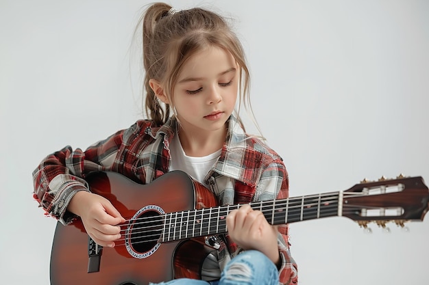 Uma jovem em uma roupa casual surgiu a si mesmo tocando guitarra sobre um cenário branco AI generativa