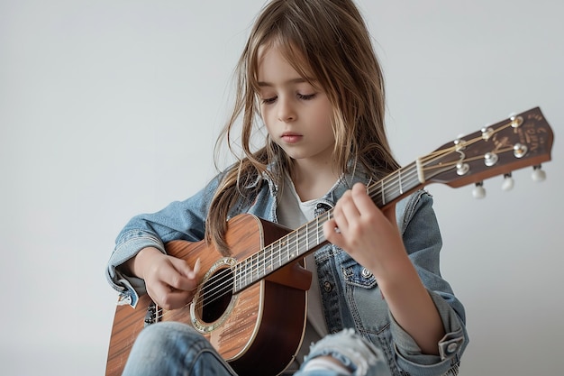 Uma jovem em uma roupa casual surgiu a si mesmo tocando guitarra sobre um cenário branco AI generativa