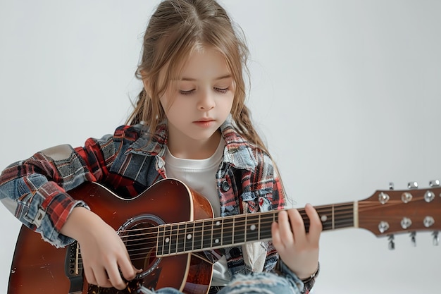 Uma jovem em uma roupa casual surgiu a si mesmo tocando guitarra sobre um cenário branco AI generativa