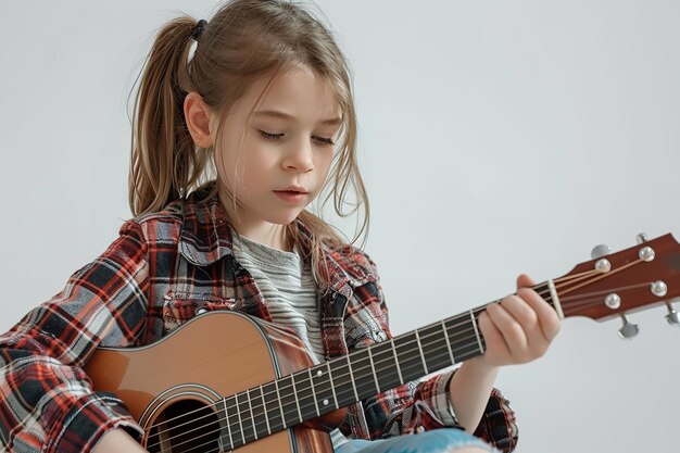 Uma jovem em uma roupa casual surgiu a si mesmo tocando guitarra sobre um cenário branco AI generativa