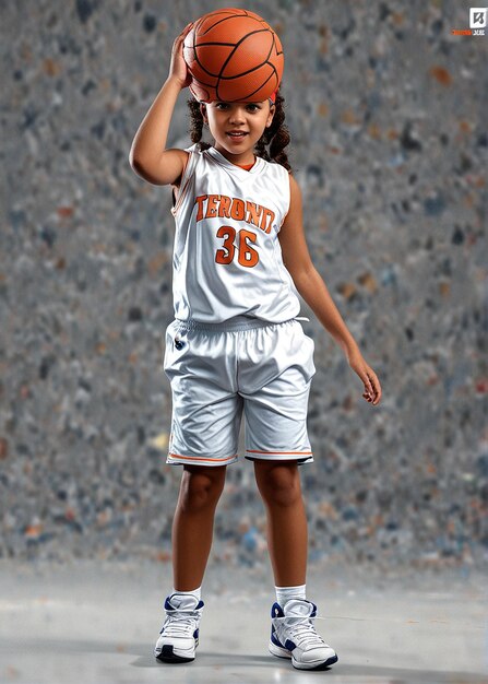 Foto uma jovem em uniforme branco segurando uma bola de basquete