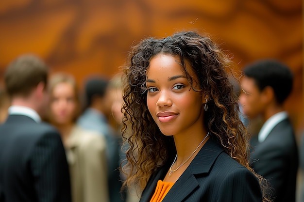 Uma jovem empresária afro-americana se destaca com sua equipe atrás dela.