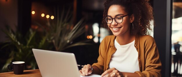 Uma jovem empresária afro-americana sorridente sentada num café a escrever notas e a trabalhar.