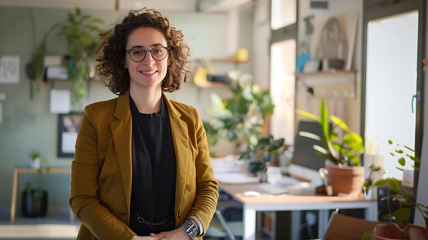 Uma jovem empresária confiante de pé em um espaço de escritório moderno Ela está vestindo um terno elegante e óculos e tem um sorriso caloroso no rosto