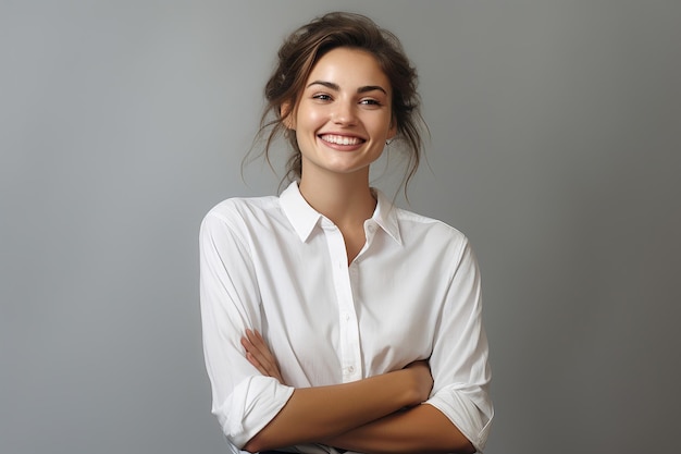 Foto uma jovem empresária feliz posando isolada sobre um fundo de parede cinza