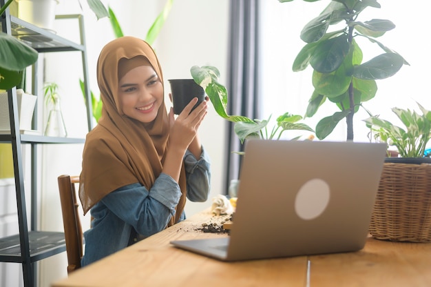 Uma jovem empresária muçulmana que trabalha com um laptop apresenta plantas domésticas durante uma transmissão ao vivo on-line em casa