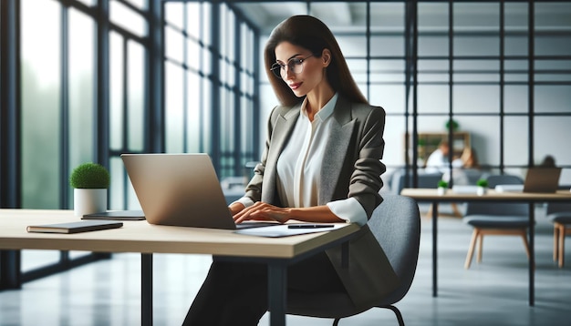 Uma jovem empresária profissional está concentrada em seu trabalho em um laptop em uma mesa elegante em um ambiente de escritório contemporâneo