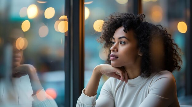 Uma jovem empresária serena e contemplativa refletindo sozinha pela janela ao anoitecer experimentando um momento tranquilo e pacífico de introspecção nas luzes calmas e modernas da cidade