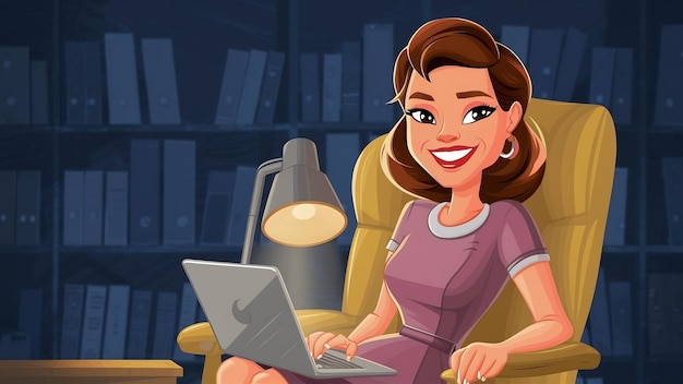 Uma jovem empresária sorridente sentada na cadeira de escritório sobre um fundo escuro