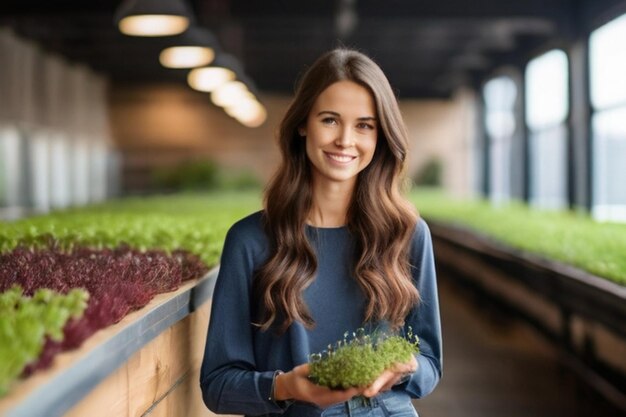 Uma jovem esbelta de calça jeans e top segura arcos de microgreens