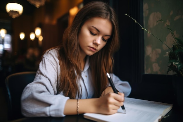 Foto uma jovem escrevendo em seu caderno com uma caneta criada com ia generativa