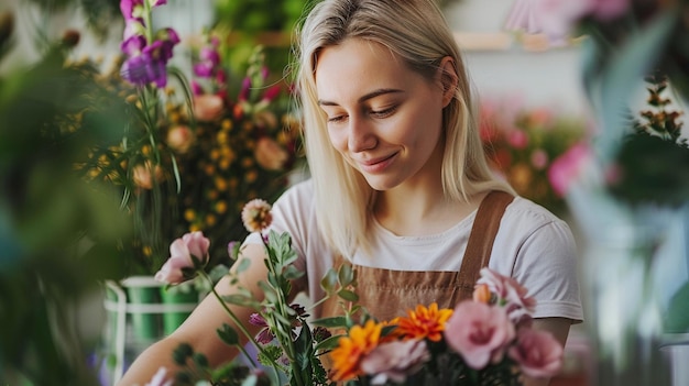 Uma jovem está arranjando flores em uma florista