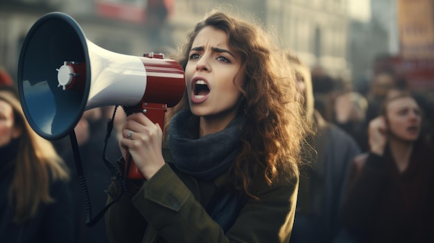 Uma jovem está cantando suas demandas através de um megafone durante uma manifestação