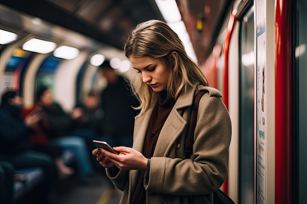 Uma jovem está de pé dentro do metrô de Londres inclinada do lado do trem olhando para seu telefone