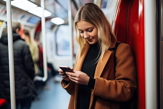 Uma jovem está de pé dentro do metrô de Londres inclinada do lado do trem olhando para seu telefone