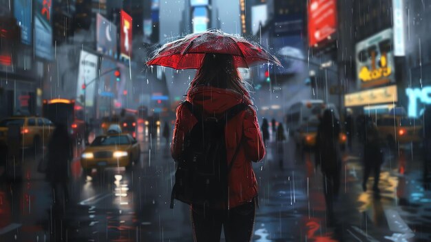 Uma jovem está de pé na chuva no meio de uma rua movimentada da cidade ela está vestindo um impermeável vermelho e segurando um guarda-chuva vermelho