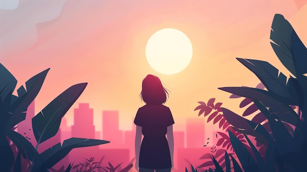 Uma jovem está de pé num campo de grama alta olhando para uma cidade à distância o sol está a pôr-se e o céu é de cor rosa escuro