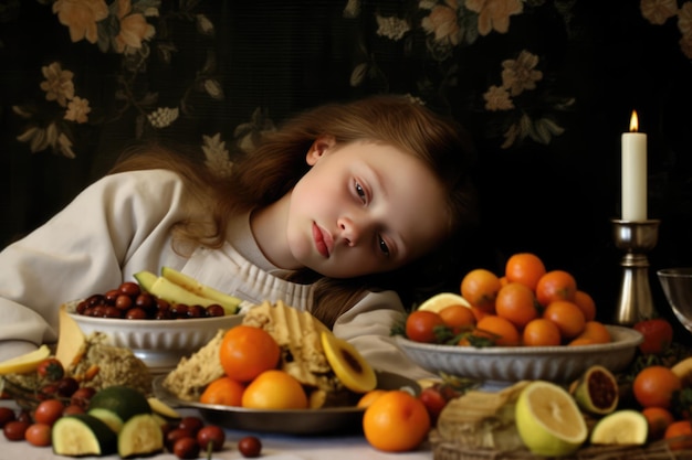 Uma jovem está deitada em frente a um banquete de frutas e legumes