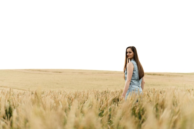 Uma jovem está em um enorme campo de trigo e toca as espigas de trigo. trigo orgânico. grande campo de argar. negócio agrícola. menina andando no trigo