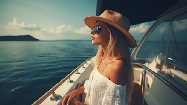 Foto uma jovem está em um iate para as férias de verão generative ai opulentos cruzeiros de barco e vela