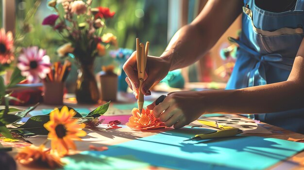 Foto uma jovem está envolvida na criatividade numa sala brilhante. está a fazer flores de papel.