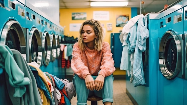 Foto uma jovem está esperando em uma lavanderia usando generative ai