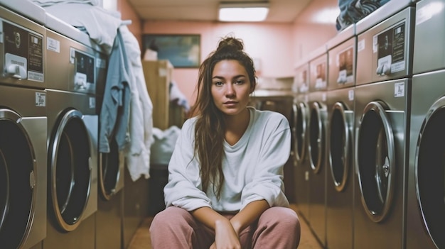 Uma jovem está esperando em uma lavanderia usando Generative AI