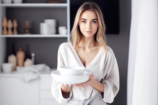 Uma jovem está limpando a cozinha em casa colocando as coisas em ordem