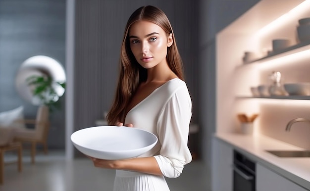 Uma jovem está limpando a cozinha em casa colocando as coisas em ordem