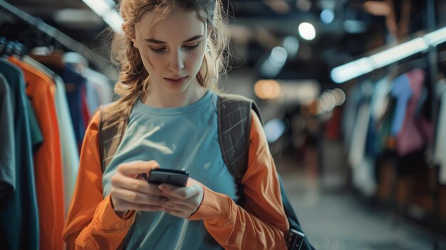 Uma jovem está olhando para seu celular enquanto faz compras