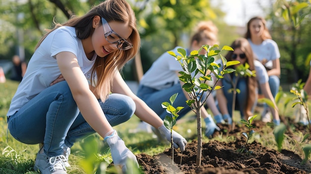 Uma jovem está plantando uma árvore no chão ela está vestindo uma camiseta branca e jeans azuis ela está sorrindo e parece feliz
