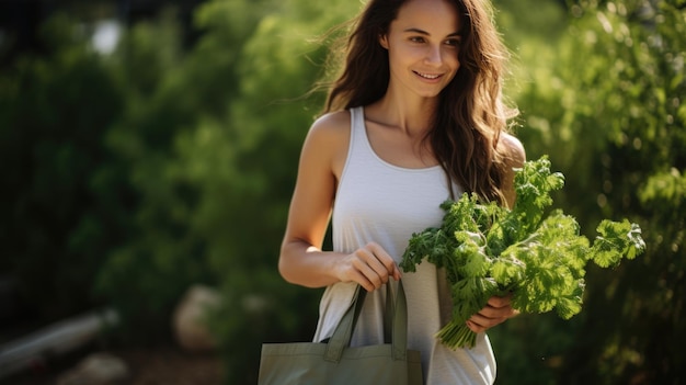 Uma jovem está segurando uma sacola ecológica cheia de verduras e legumes do mercado do fazendeiro Criado com tecnologia Generative AI