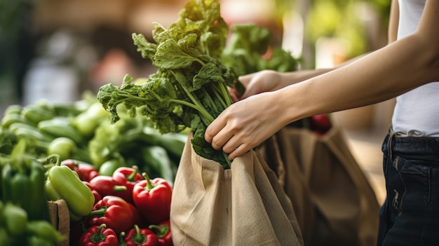 Uma jovem está segurando uma sacola ecológica cheia de verduras e legumes do mercado do fazendeiro Criado com tecnologia Generative AI