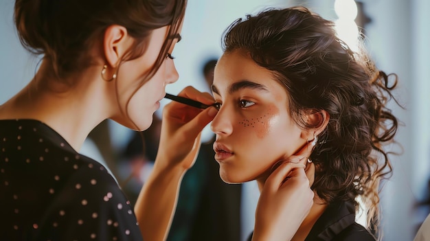 Uma jovem está sendo maquiada por um maquiador profissional. O maquiador está aplicando eyeliner nos olhos da mulher.