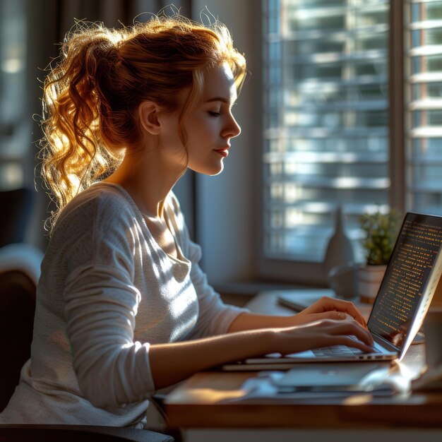 Foto uma jovem está sentada em sua mesa trabalhando em seu laptop