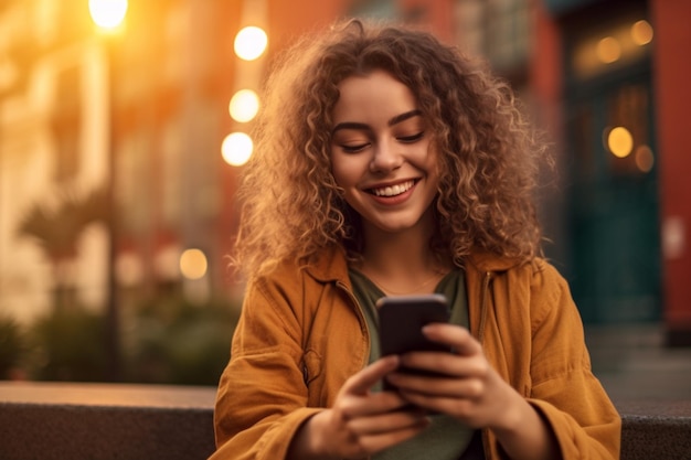 Uma jovem está sorrindo e enviando mensagens de texto em seu telefone