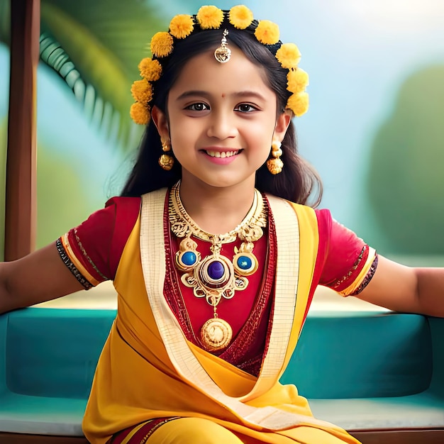 Uma jovem está usando um colar de ouro e um sari vermelho e amarelo Kids Durga Maa Cute Girl Durga