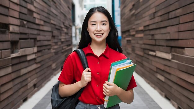 Foto uma jovem estudante de frente, de camisa vermelha e bolsa preta, segurando livros de cópias e arquivos, sorrindo no chicote.