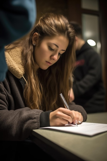 Foto uma jovem estudante escrevendo notas de seu livro