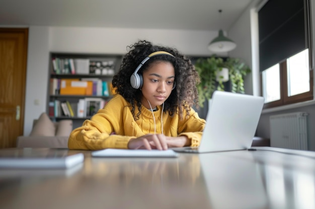 Uma jovem estudante negra americana sentada na mesa usando fones de ouvido ao estudar