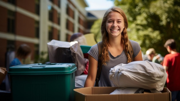 Uma jovem estudante universitária a tirar as coisas de casa.