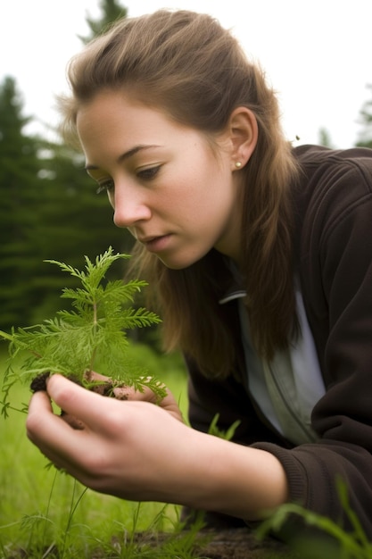 Foto uma jovem examinando uma muda que acabou de plantar