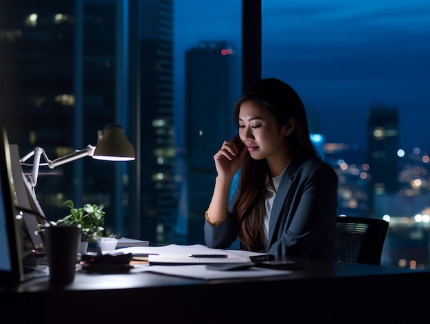 Uma jovem executiva asiática trabalhadora está trabalhando diligentemente em seu laptop enquanto faz uma pausa