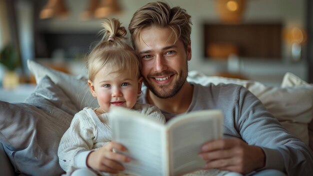 Foto uma jovem família descontraída com uma criança lendo um livro juntos em um espaçoso estúdio ou sala de estar de uma casa nova para o tempo de lazer de fim de semana